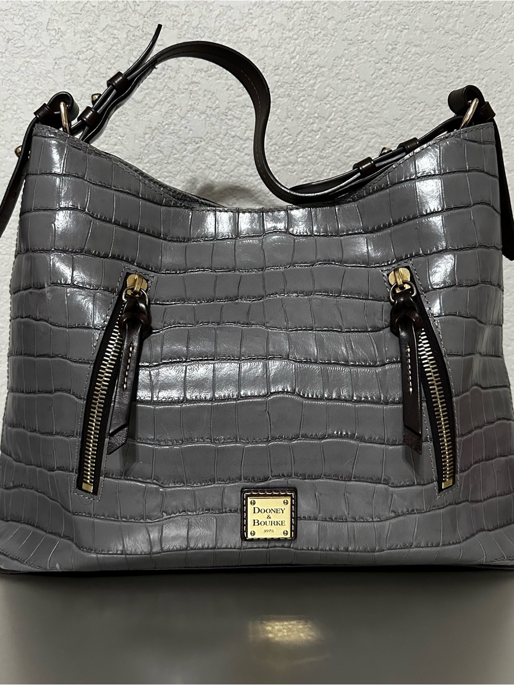 Authentic Dooney & Bourke Gray Croc Embossed Leather Hobo Shoulder Bag